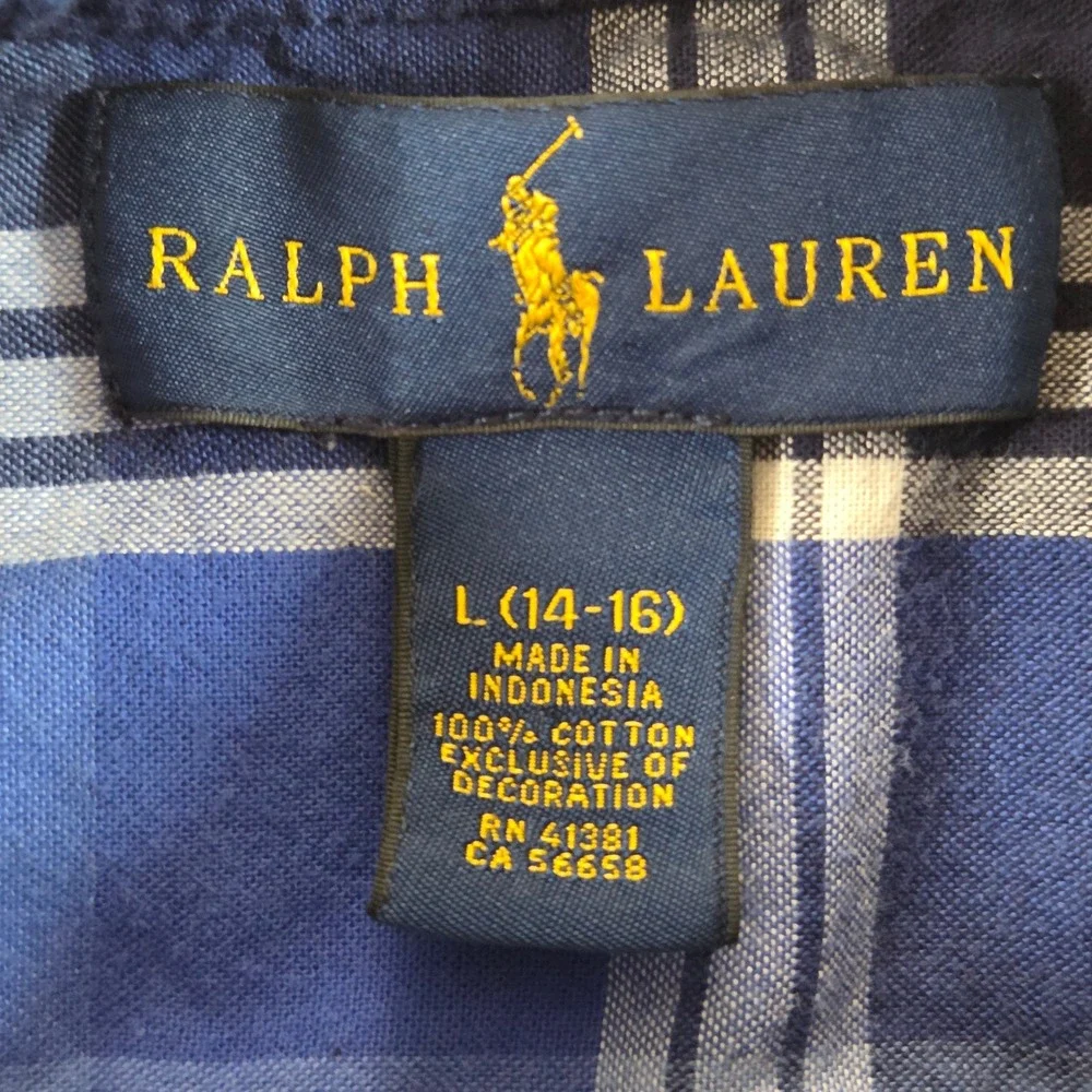 Ralph Lauren Boys Button Down Shirt Plaid Blue Long Sleeve Youth‎ L (14-16)